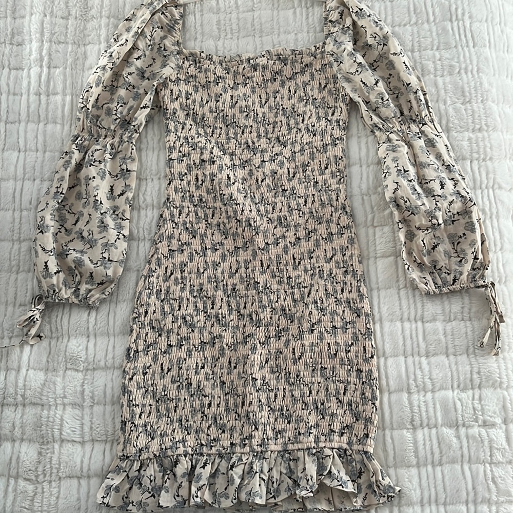 Long Sleeve Ruched Floral Print Mini Dress